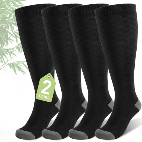 Image of SONORAN Plus Size Compression Socks for Women Wide Calf (2 Pairs) 15-20mmHg Bamboo Viscose Knee High Sock Support for Nurses Pregnancy Travel XL(Black)