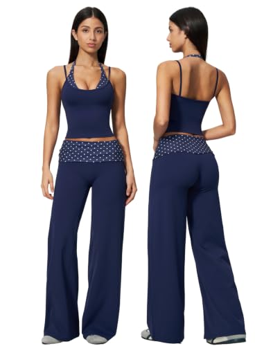Women’s Polka Dot Workout Set with Tank & Yoga Pants Navy S