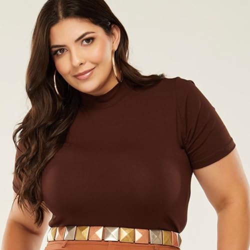 Kit 3 Blusas Femininas Malha Viscolycra Plus Size, Modelagem Justa, Manga Curta, Gola Alta (BR, Alfa