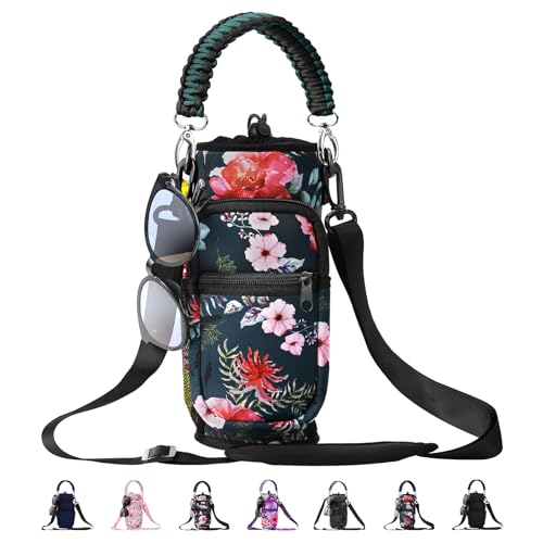 Image of 32 oz 40 oz Water Bottle Sleeve, Insulated Sport Water Bottle Holder with Strap & Paracord Handle, Flask Carrier Sling Bag with 4 Pockets for Walking Hiking-Wild Rose