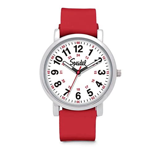 Speidel Original Scrub Watch™ Medical Professionals Students Men Women Easy Read Dial Military Time Red Second Hand Silicone Band Water Resistant-RED
