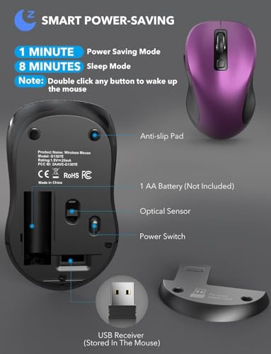 Image of Trueque Wireless Mouse for Laptop, 2.4GHz Ergonomic Computer Mouse with Back & Forward Buttons, 3 Adjustable DPI Levels, 6 Buttons, Optical USB Cordless Mice for Windows PC (Purple, 1 Pack) | 2.4GHz USB receiver, back /forward buttons, 3 adjustable DPI levels, silent clicks, USB-C adapter, Windows /Mac /Chrome OS /Linux