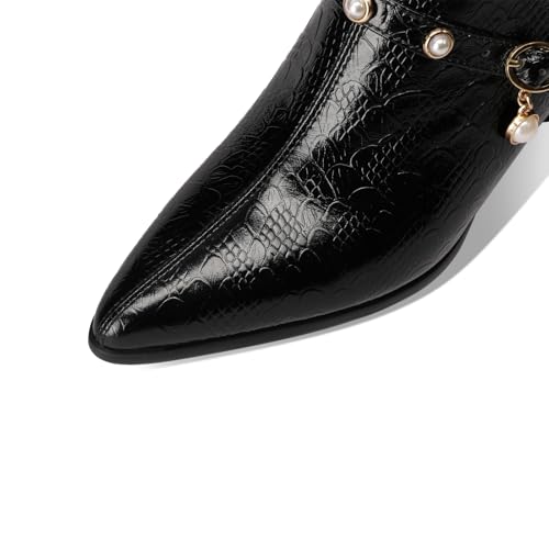 TinaCus Embossed Genuine Leather Women's Pointed Toe Chunky Heels Zip Up Pumps Shoes with Pearl3