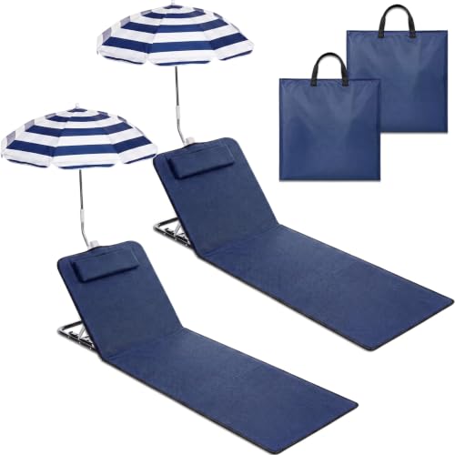 Karenhi 2 Pack Silla Plegable de Playa con Sombrilla, Azul Marino, Silla Portátil con Respaldo y Bolsa de Transporte
