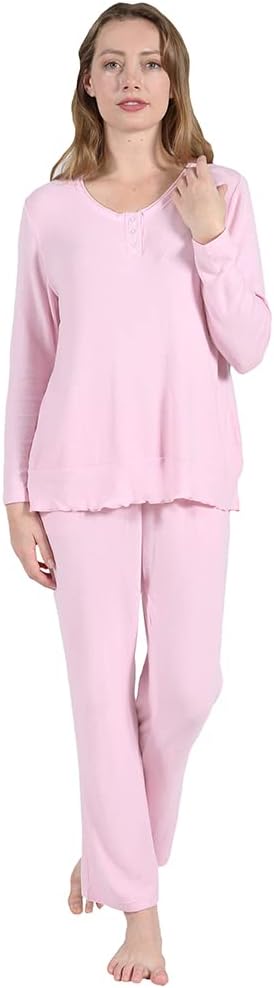 LA CERA Women's Solid Snap Front Pajama Set, Long Sleeves, Side Pockets, Rayon Polyester, Spandex, Machine Washable, Imported