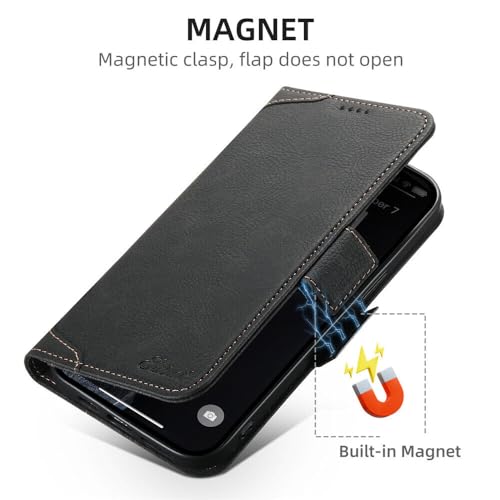 Étui portefeuille en cuir noir pour iPhone 14 avec rabat magnétique