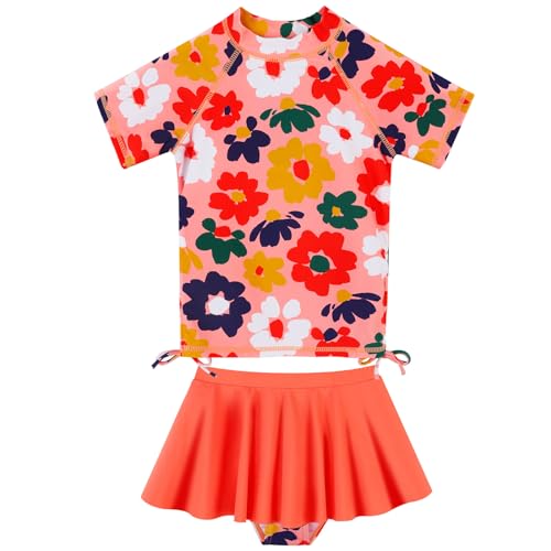 Image of BAOHULU Girls Two Piece Swimsuits Rash Guard Ruffle Bikini Skirt Short Sleeves Beach Dress Swimwear UPF 50+ 3-12Y