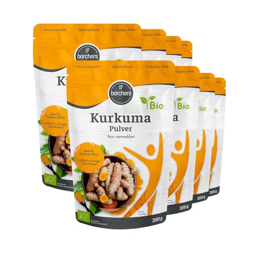 8 x borchers Bio Kurkuma Pulver | Bio Qualität | Vegan | Zuckerarm | Für Kurkuma-Latte & Goldene Milch | 200 g
