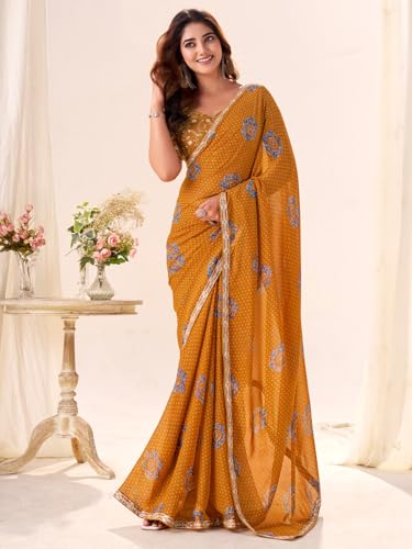Image of AKHILAM Women's Bandhani Printed Chiffon Saree with Blouse