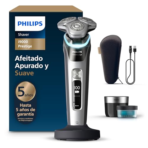 Philips i9000 Prestige, Afeitadora Eléctrica Hombre, Máquina de Afeitar Barba en Seco y Mojado, Tecnología SkinIQ, Base de Carga, Recargable, Estuche de Viaje, Centro de limpieza, XP9205/30