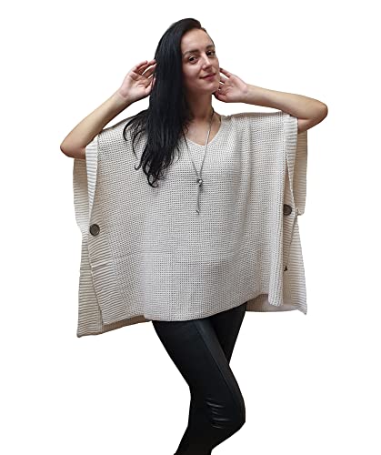 Mimosa Ladies Made in Italy One Size Knitted Warm Oversized V-Neck Poncho Cape with Side Buttons (One Size, Cream)4