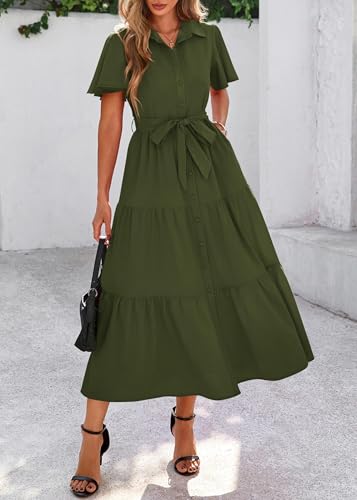 Image of KIRUNDO Summer Button Down Wedding Guest Shirt Dresses for Women Maxi Flutter Short Sleeve Flowy Tiered Beach Sun Dress