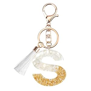Cute Beige Key Chains for Women Girls, Initial Letter Keychains with White Tassel, Charms for Key Handbag Backpack
