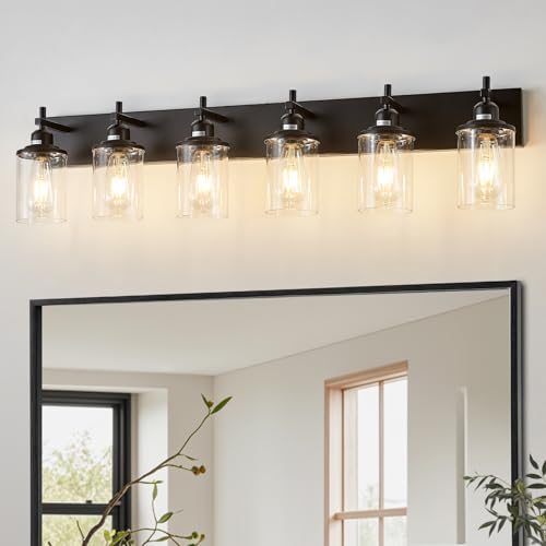 Lanhall 6-Light Black Bathroom Light Fixture Over Mirror Modern Farmhouse
