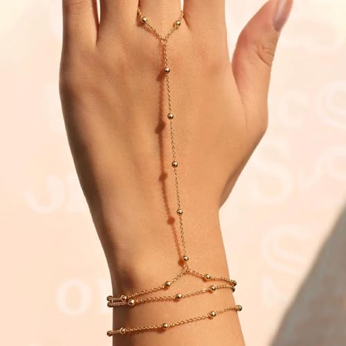 Image of Long tiantian Hand Chain Bracelet Gold Link Finger Ring Slave Bracelet