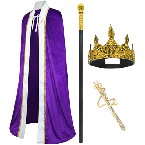CosInStyle 3 Pieces Halloween King Prince or Queen Robe Red Cloak Cape Crown Wand Costume Set with King Crown Headband (For-Adult-Purple)