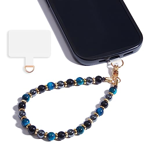 Lostars Marble Beaded Phone Wrist Strap,Detachable Cellphone Lanyard with Tether Tab,Hands-Free Wristlet Bracelet,Adjustable Phone Charm Grip for Women (Blue Tiger Eye, Stone)