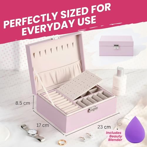 Image of OCEANEVO Jewellery Organiser Box WITH Makeup Sponge, Jwell Organizer Storage Box with Lock, Earrings, Necklace Organizer for Women - 23 x 17 x 8.5 Cm - Pink - 1 Year Warranty