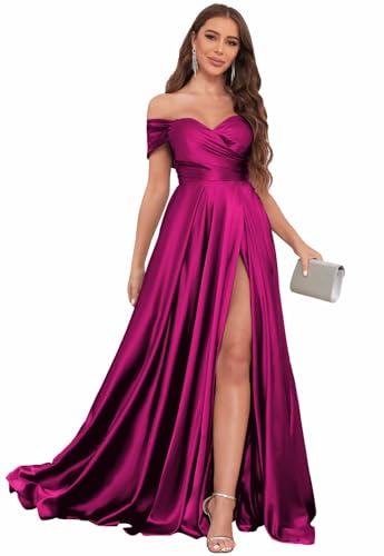 Image of SOLODISH Off The Shoulder Satin Prom Dresses for Women Long Formal Evening Party Dress with Slit