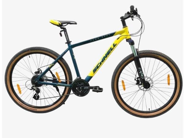 Image of Schnell Schnell Fang 27 Matte Green Yellow 24 Speed Full Alloy Cycle ShimanoGears, Dual Disk Brakes & Front Suspension MTB Bicycle