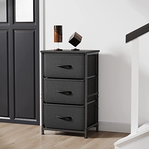 Fezibo 3 Drawer Fabric Dresser Storage Tower, Organizer Unit For Bedroom, Closet, Entryway, Hallway, Nursery Room -Steel Frame, Wood Top, Easy Pull Handle-Black Grey #TOP1