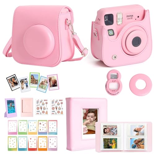 WOGOZAN Mini SE Accessories for Fujifilm Instax Mini SE/7+ Instant Camera with PU Camera Case 64 Photo Album 2 Photo Frames 5 Magnetic Frames 12 DIY Stickers Selfie Mirror Assist Circle - Pink