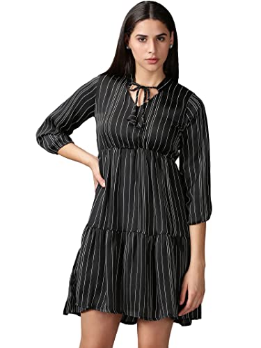 Image of SHOWOFFFF Women Stripe Print Fit and Flare Casual Dress | Round Neck 3 /4th Sleeves Satin Dress for Womens | Above Knee Dress for Women's