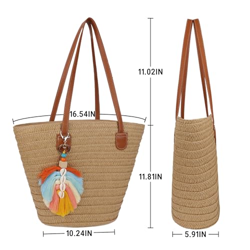 Bolsa de playa tejida con asa para mujer marrón miniatura 6