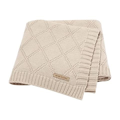 Hadetoto Baby Blanket Soft 100% Cotton Knitted Baby Cellular Blanket for Newborn Boy Girls - Beige Cover