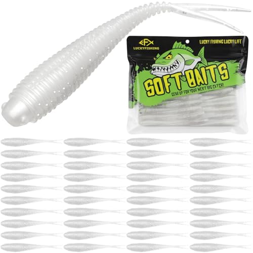 LUCKYFISHING Soft Plastic Baits Forked Tail Fishing Soft Bait for Bass Walleye Trout Crappie Lures Pearl White-3in-40pcs