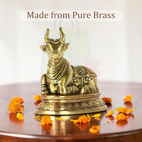 Image of Vastu Brass Nandi Cow Statue | 810 g Weight Approx | Vastu Remedy for Home & Office | Size- 9 X 11 Cm | Nandi Idol for Pooja | Vastu Brass Nandi Bull