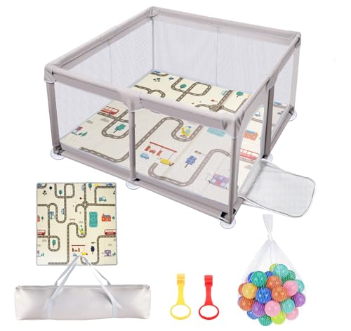 Truevaste Laufstall 120x120x65 cm, Laufgitter Baby mit Matratze, 600D Oxford Faltbar Playpen mit 50 Bunte Bälle, 2 Zugringen & 1 Aufbewahrungstasche, Kinderlaufstall Tragbar für Indoor Outdoor Truevaste Laufstall 120x120x65 cm, Laufgitter Baby mit Matratze, 600D Oxford Faltbar Playpen mit 50 Bunte Bälle, 2 Zugringen & 1 Aufbewahrungstasche, Kinderlaufstall Tragbar für Indoor Outdoor