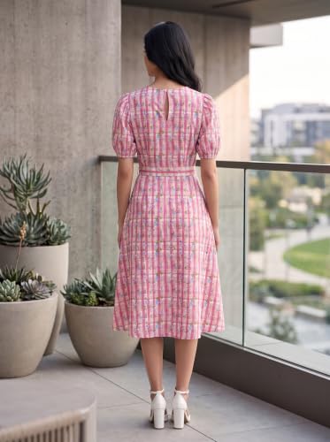 Image of HELLCAT Women Floral Fit & Flare Midi Dress | Round Neck, Puff Short Sleeve, Waist Tie-Up Belt | Casual Brunch Wear, Western One Piece, A-Line Long Frock, Summer Party Outfit