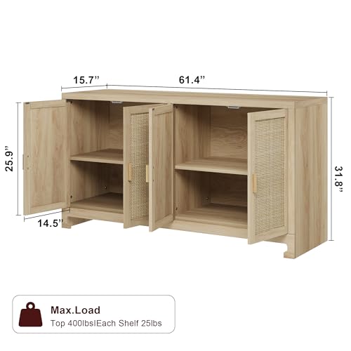 Aptliton Natural Rattan Storage Cabinet with 4 Magnetic Doors, Modern Storage Buffet Sideboard Accent Cabinet for Living Room, Dining Room, Kitchen, Entryway, Hallway, Oak - Image 2