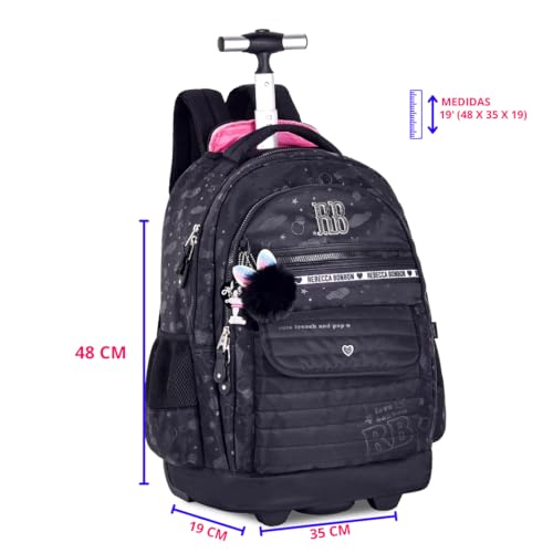Kit Mochila Escolar Rb Rebecca Bonbon Rodinha Carrinho Estojo E Lancheira Holográfica Pompom (preto)