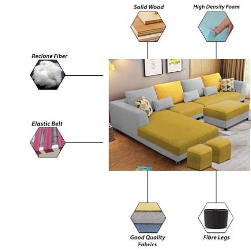 Image of Galib LHS 8 Seater L Shape Sofa Set for Living Room (Yellow Grey Fabric) Premium Fabric Sofa