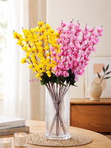 Image of ARTSY Artificial Flowers Bunch for Decoration Cherry Blossom, Ideal for vase, Home, Office Decor, Gifts, Craft, Artificial Plants for Decoration, Without vase, Yellow Pink, Combo, 2 Pieces