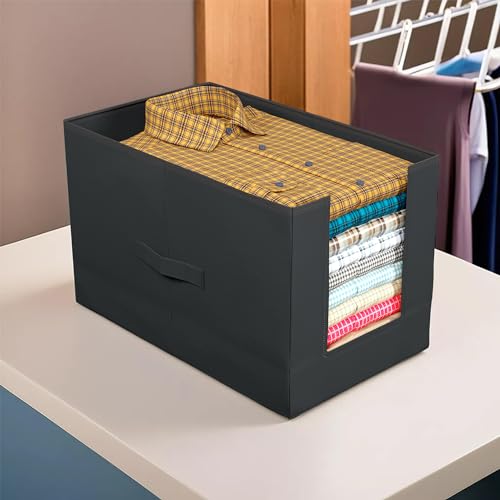 Image of Kuber Industries Shirt Organizer for Wardrobe|Foldable Non Woven Shirt Stacker|Designer Cupboard Organizer for Clothes |Clothes Storage box (Black)