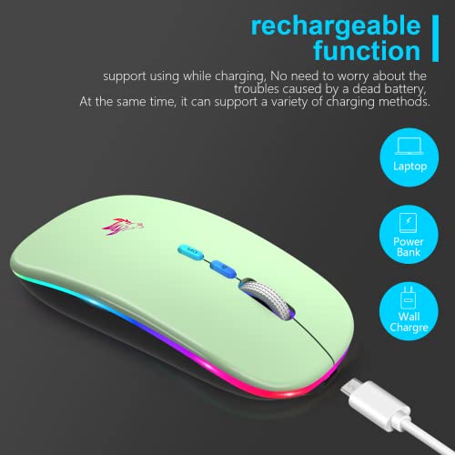 Hotlife Wireless Mouse Led Slim Rechargeable Bluetooth Mouse, Ergonomic Design Noiseless Mouse Portable Optical Mouse Silent Click Cordless Mouse With Usb Receiver And Type C Adapter (Green) #TOP5