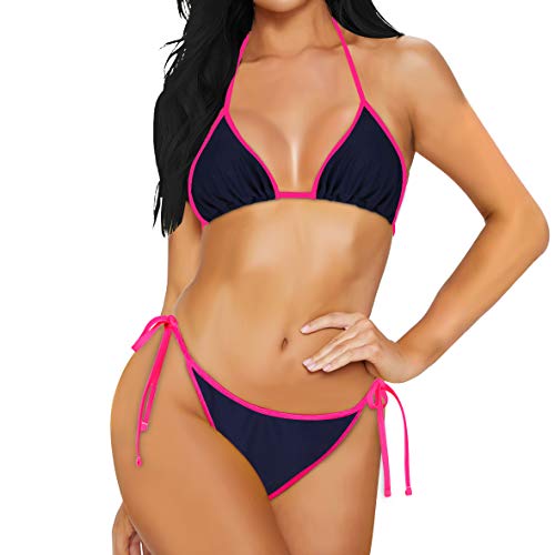 Women's Halter Triangle Bikini Set Brazilian Cheeky Bathing Suits 2 Piece Swimsuits (NavyRose, X-Large)