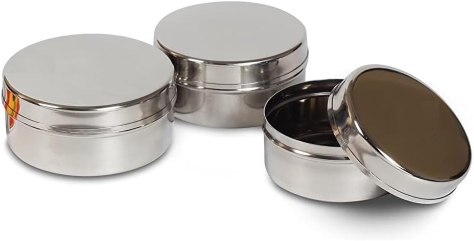 Dynore Stainless Steel Multisize Small Dabbi Set For Kitchen|Steel Dabbi Set|Steel Boxes For Kitchen|Stainless Steel Small Dabbi Set Of 3 Pcs (Silver)