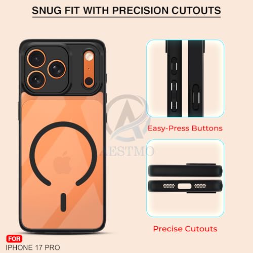 Image of AESTMO iPhone 17 Pro Back Cover | 360 Protection | Crystal Clear Hard Back Transparent | Compatible with MagSafe Accessories (PC+TPU, Black Bumper)