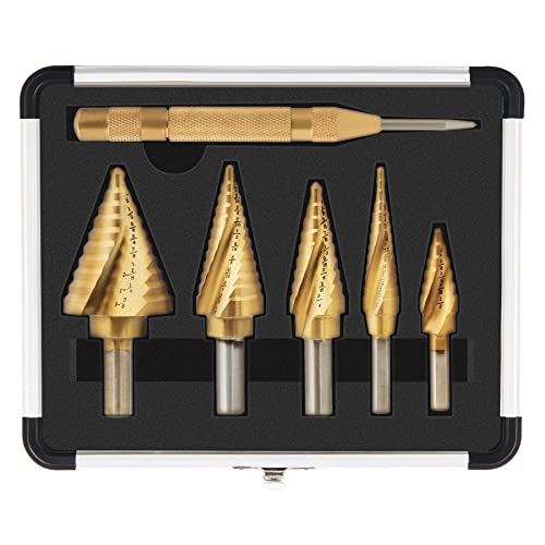 Co-Z SDB2021LX&TA Zelcan Hss 5Pcs Titanium Spiral Grooved Step Drill Bit Set With Automatic Center Punch, Unibit Drill Bits Set For Sheet Metal cover