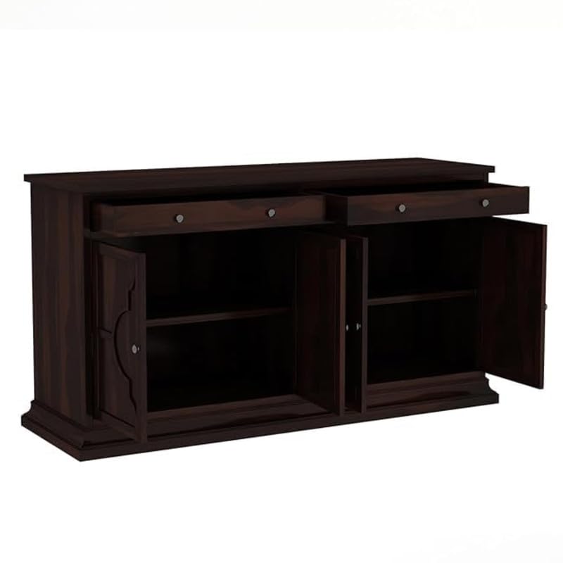 Image of SHIKHA WOOD CRAFT Solid Sheesham Wood Sideboard Cabinet with 4 Doors and 2 Drawers Storage | Wooden Kitchen Cabinet, Crockery Unit, Dining Room Organizer, Living Room Storage Furniture (Walnut Finish)