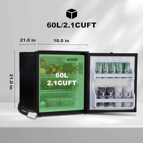 SMETA RV Refrigerator 12 volt Refrigerator 12v 24v DC Fridge Car Electric Cooler 2.1 cuft/60L Compact Fridge nevera para carro for RV Camping Semi Truck Noiseless Reversible Door LED Black