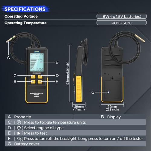 AUTOOL Motoröltester-Kit Benzin & Diesel Öl Analyse Qualitätstest-Kit, 10 Sekunden Schnelltest für Durchlässigkeit und Temperatur, mit 80cm Flexibler Sonde, Motorölqualitätstester, Motoröl Test