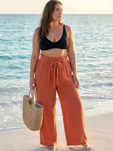 Image of OLRIK Women's Plus Size Pants Adjustable High Waisted Wide Leg Palazzo Pants Casual Trousers with Pockets Spring Clothes