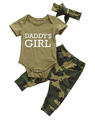 Image of Daddy's Baby Boy Girl Outfits Camouflage Letter Print Romper Long Pants Hat Clothes Set for 0-24 Months Baby (3-6 Months, Daddy's Girl Romper)