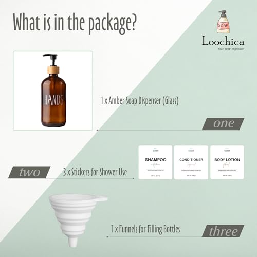 Image of LOOCHICA Hand Amber Glass Soap Dispenser with Pump, Amber Hand Soap Dispenser, Refillable Reusable Apothecary Soap Pump Dispenser Bottles for Bathroom and Kitchen Use