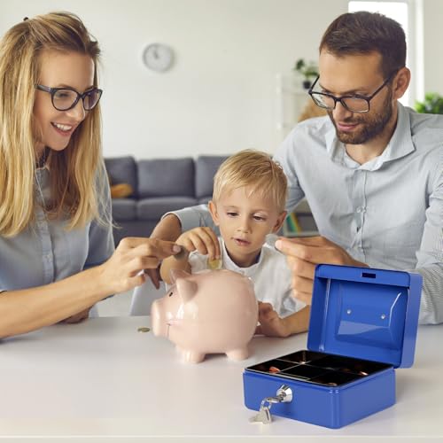 Image of Small Cash Box with Money Tray and Lock, Metal Cash Lock Box with Key, Petty Cash Box for Money 5.9 x 4.7 x 3.1 Inches Blue